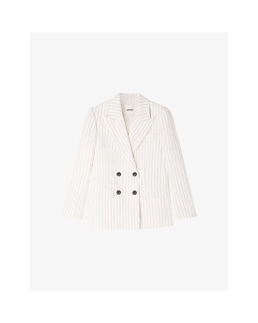 Sandro White Striped Double-Breasted Linen Blazer