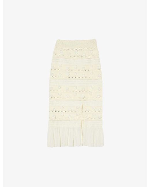 Sandro White Pom-pom Embellished Stretch-knit Midi Skirt
