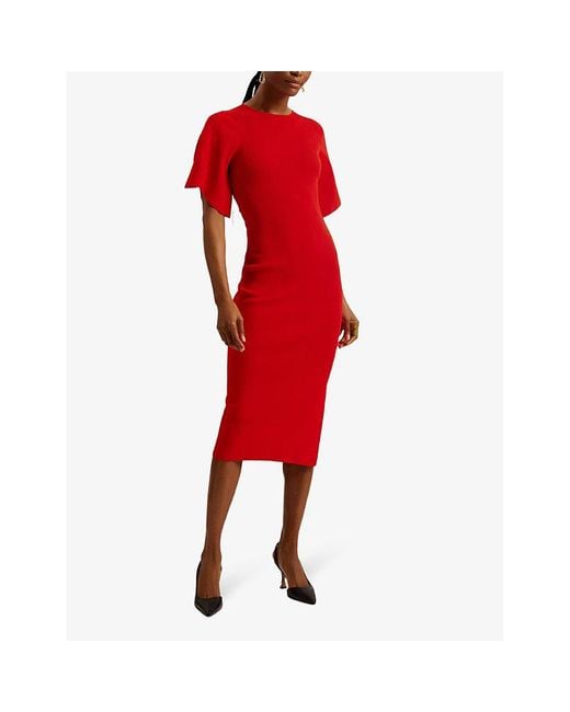 Ted Baker Red Raelea Fluted-sleeve Slim-fit Stretch-knit Midi Dress