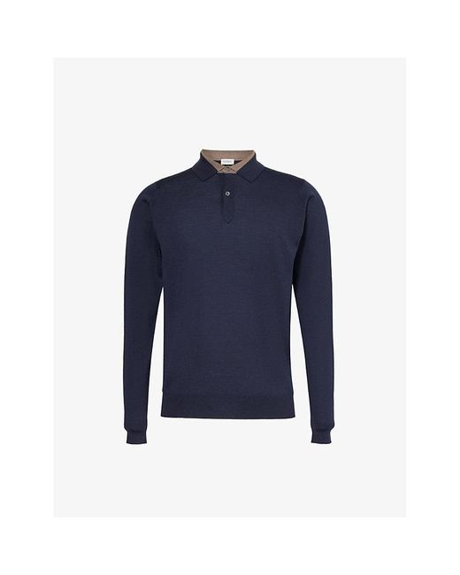 John Smedley Blue Colour-block Long-sleeved Wool Polo Shirt X for men