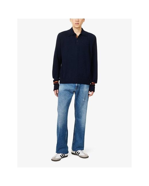 Paul Smith Blue Striped-Cuffs Regular-Fit Cashmere Polo Shirt for men