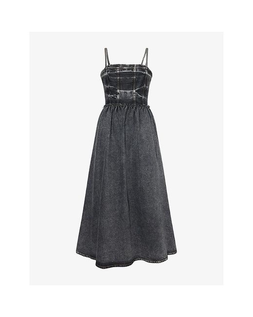 Ganni Blue Flared Shoulder-Straps Stretch-Denim Blend Midi Dress