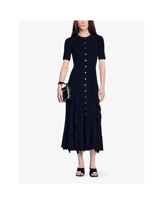 Sandro Black Ruffled-Trim Ribbed-Knit Stretch-Woven Maxi Dress