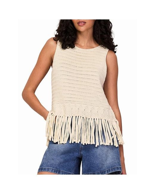 Ro&zo Natural Sleeveless Fringed-Hem Cotton Top