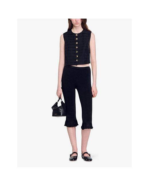 Sandro Black Button-Down Pleated Cotton-Blend Crop Top