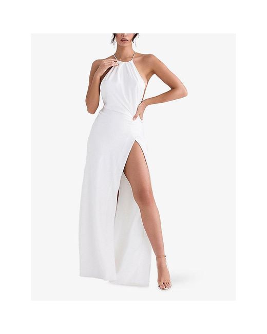 House Of Cb Pink Zanab Halter-Neck Thigh-Split Woven Maxi Dress