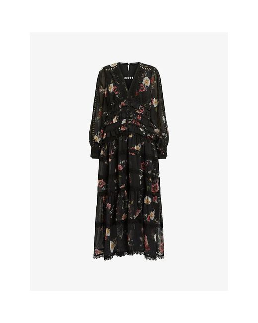 AllSaints Zora Floral Ruffle Midi Dress in Black | Lyst