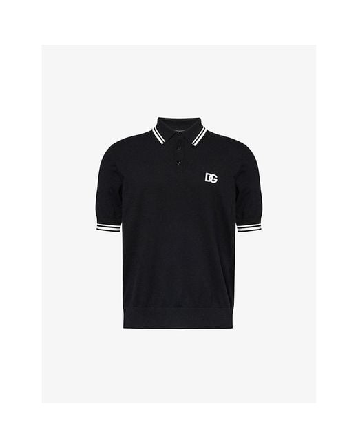 Dolce & Gabbana Black Brand-embroidered Short-sleeved Cotton-blend Polo Shirt for men