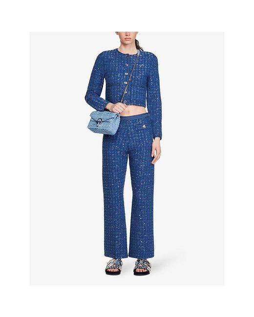 Sandro Blue Sequin-embellished Dropped Stretch-woven Cardigan