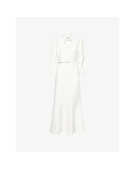 Roland Mouret White Belted Flared-Hem Knitted Midi Dress