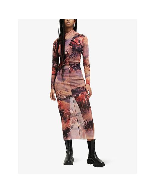 AllSaints Red Tia Graphic-print Slim-fit Stretch Recycled-polyester Midi Dress