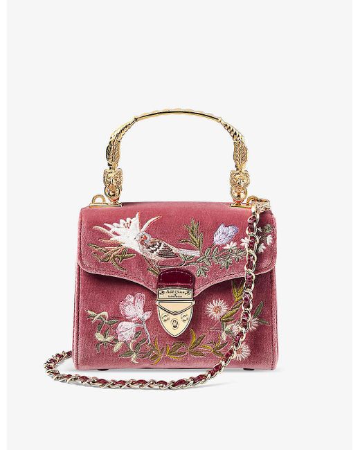 Aspinal Pink Mayfair Mini Bird-embellished Velvet Leather Shoulder Bag