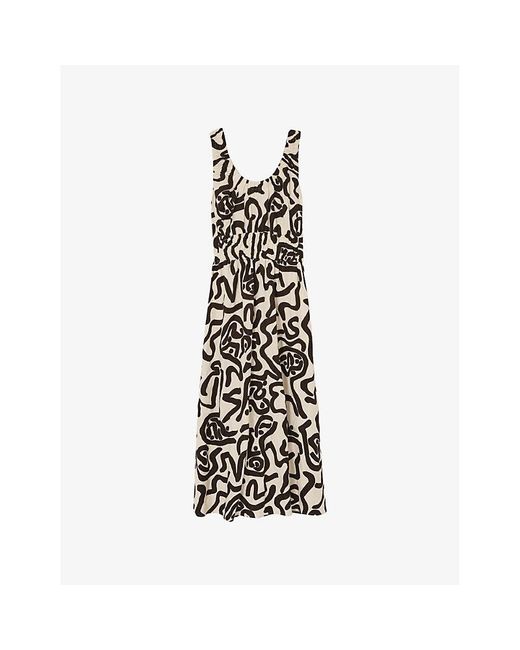 Reiss White Akari Abstract-Print Linen-Blend Midi Dress