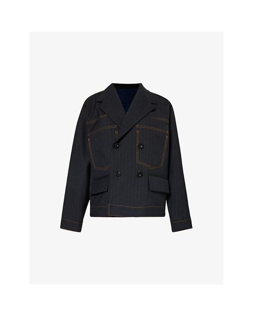 Sacai Blue Notched-lapel Double-breasted Wool-blend Blazer
