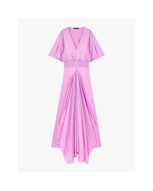 Maje Pink V-neck Shirred-waist Woven Midi Dress