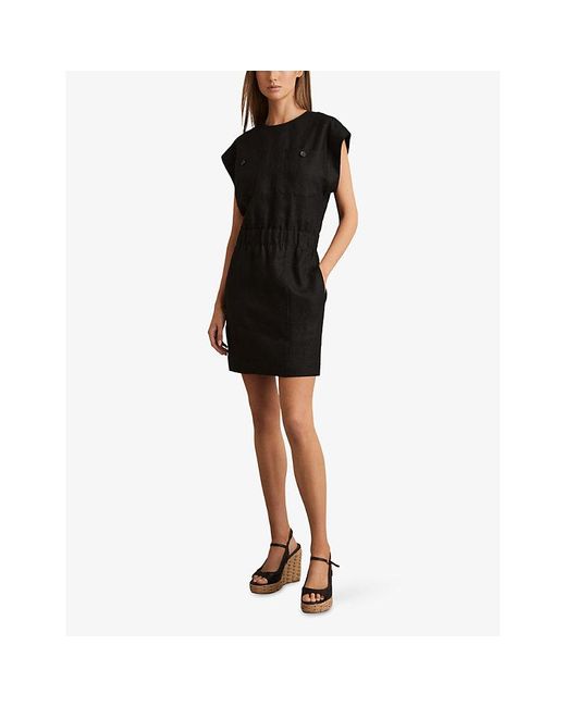 Reiss Black Karly Short-Sleeved Linen Mini Dress