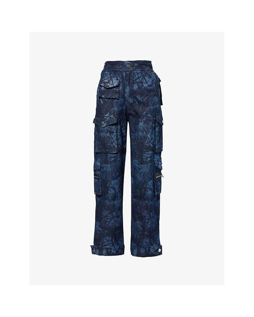 EB DENIM Blue Abstract-print Straight-leg High-rise Denim Cargo Trousers
