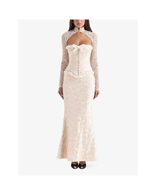 House Of Cb White Mara Metallic-Jacquard Maxi Skirt