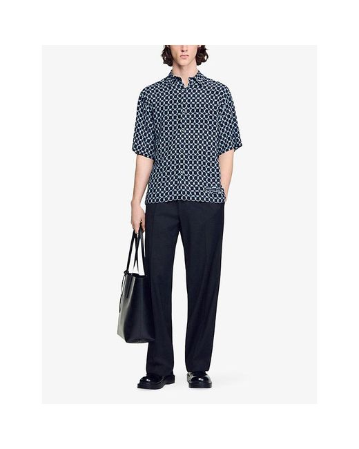 Sandro Blue Link-Print Relaxed-Fit Woven Shirt for men