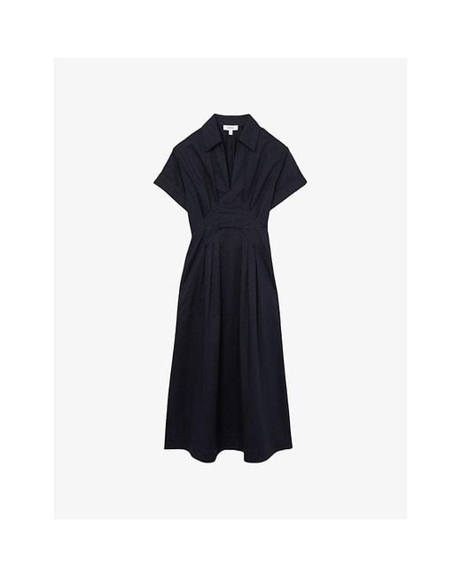 Reiss Blue Aubrey Pleated-Waist Cotton Midi Dress