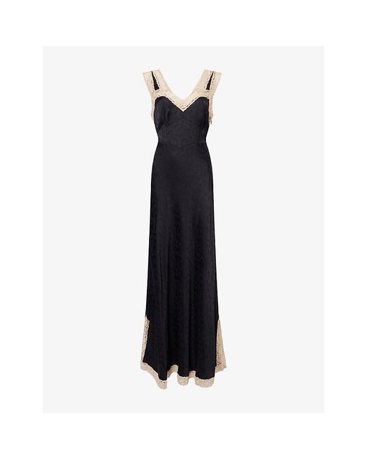 Rixo Black Keily Floral-Print Lace-Trim Woven Maxi Dress