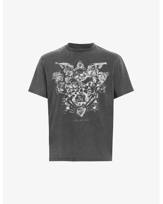 AllSaints Gray Covenant Gothic-print Organic-cotton T-shirt for men