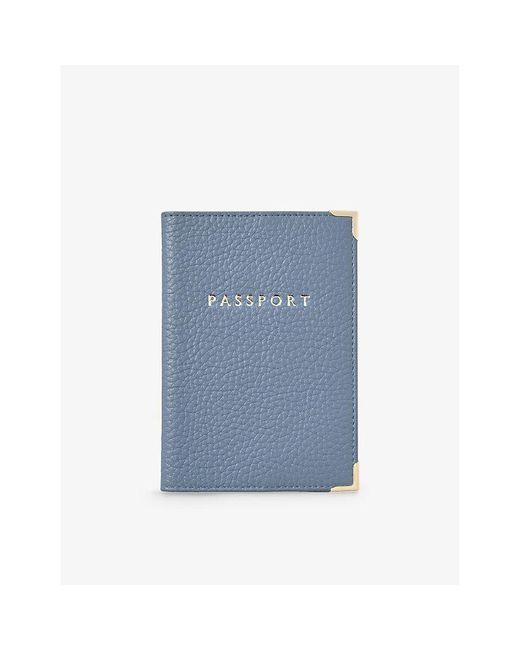 Aspinal Blue Logo-embossed Grained-leather Passport Cover