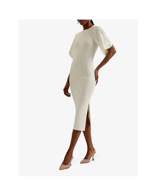 Ted Baker White Raelea Fluted-sleeve Slim-fit Stretch-knit Midi Dress