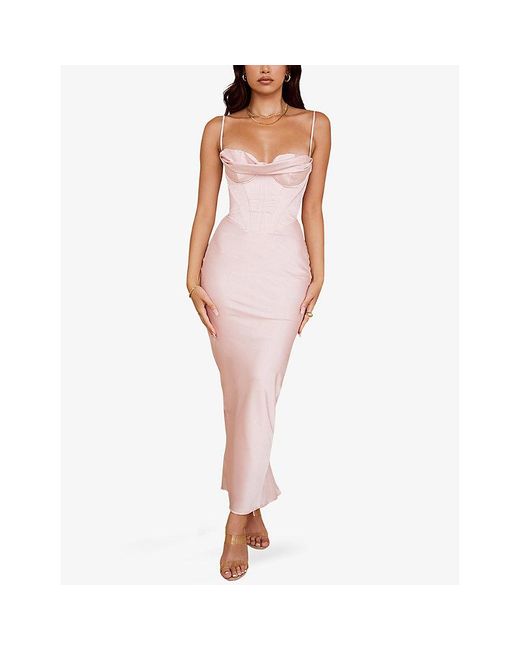 House Of Cb Pink Charmaine Corset Satin Maxi Dress