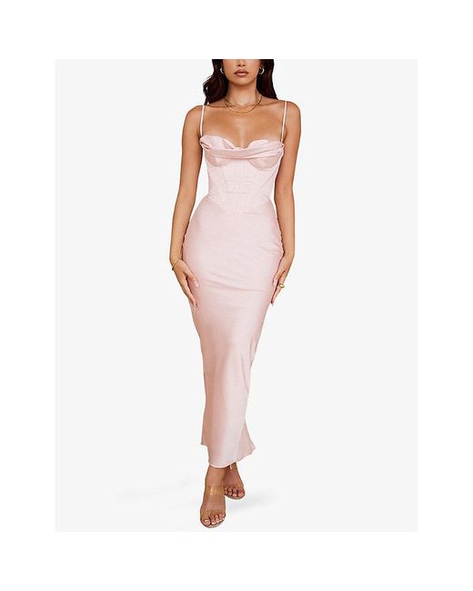 House Of Cb Pink Charmaine Corset Satin Maxi Dress