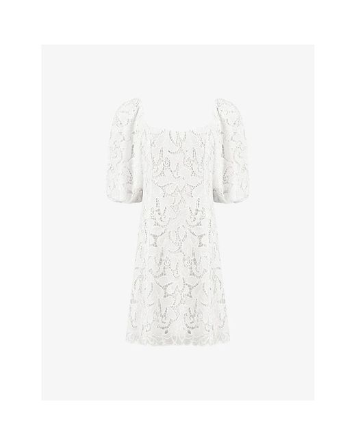 Ro&zo White Square-neck Puff-sleeve Lace Woven Mini Dress