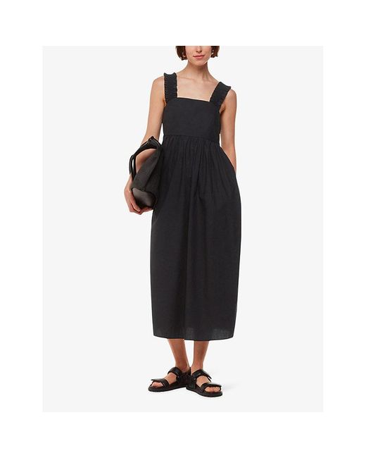 Whistles Black Ruffle-Strap Square-Neck Cotton Midi Dress