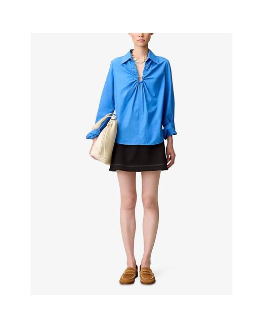 Claudie Pierlot Blue Relaxed-Fit V-Neck Cotton Blouse
