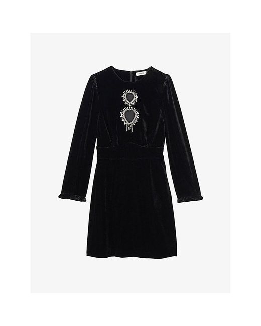 Sandro Black Crystal-embellished Cut-out Velvet Mini Dress