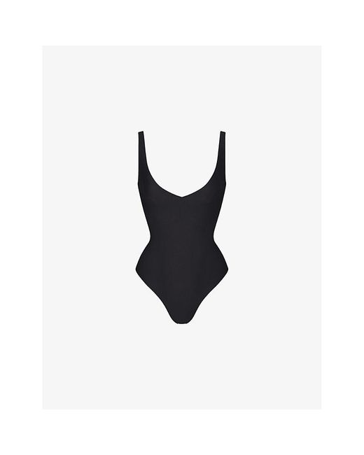 Skims Black Plunge-Neck Thong Stretch-Woven Bodysuit