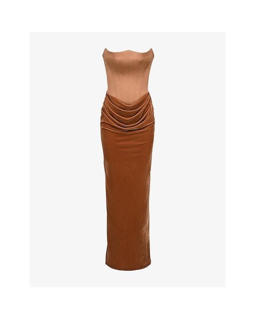 House Of Cb Brown Persephone Fuller-Bust Stretch-Satin And Velvet Maxi Dress