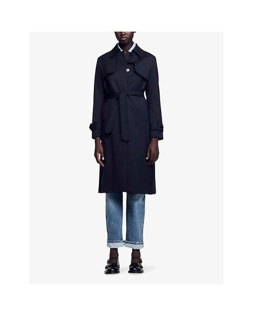 Sandro Blue Pleated-Panel Twill Trench Coat