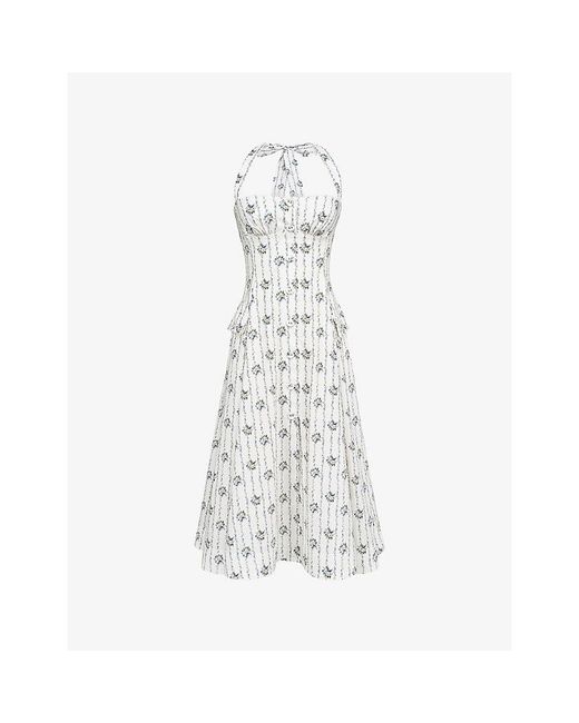 House Of Cb White Claudia Daisy-Print Stretch-Cotton Midi Dress