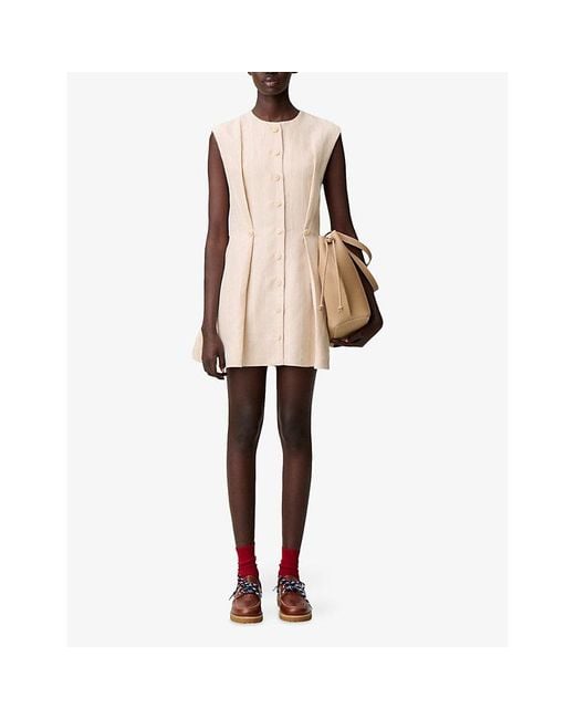 Claudie Pierlot Natural Sleeveless Button-Down Linen-Blend Mini Dress