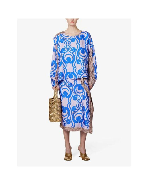 Dries Van Noten Blue Abstract-pattern Relaxed-fit Silk Top