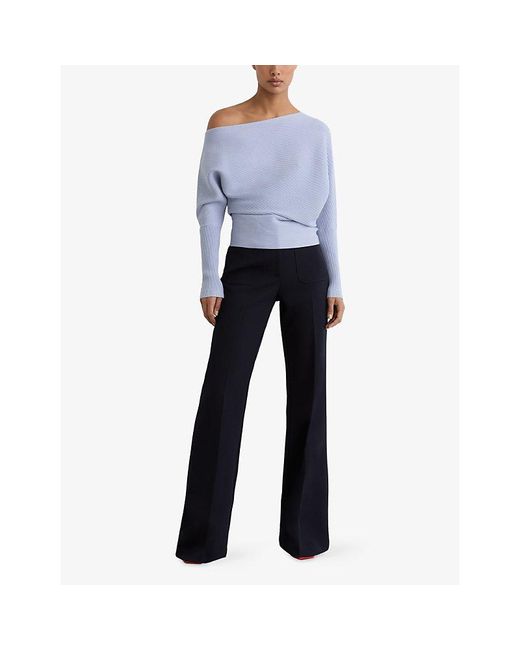 Reiss Blue Lorna Draped-Neck Asymmetric Stretch-Knit Jumper