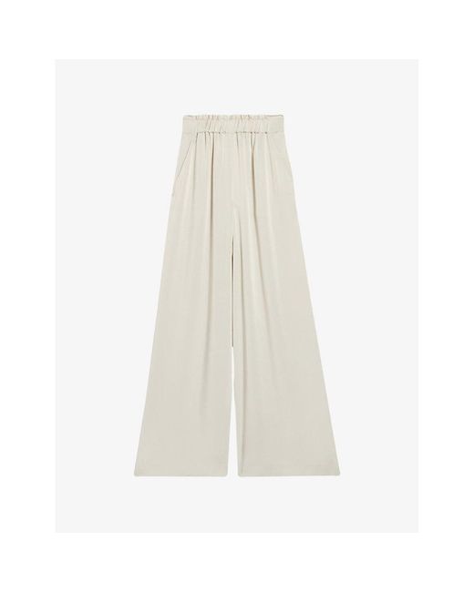 Claudie Pierlot White Smocked-waistband Wide-leg Satin Trousers