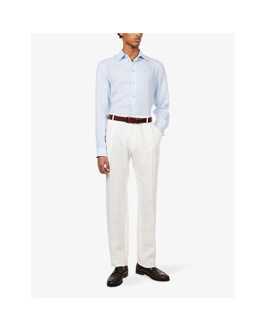 Emporio Armani Blue Logo-Embroidered Long-Sleeve Linen Shirt for men
