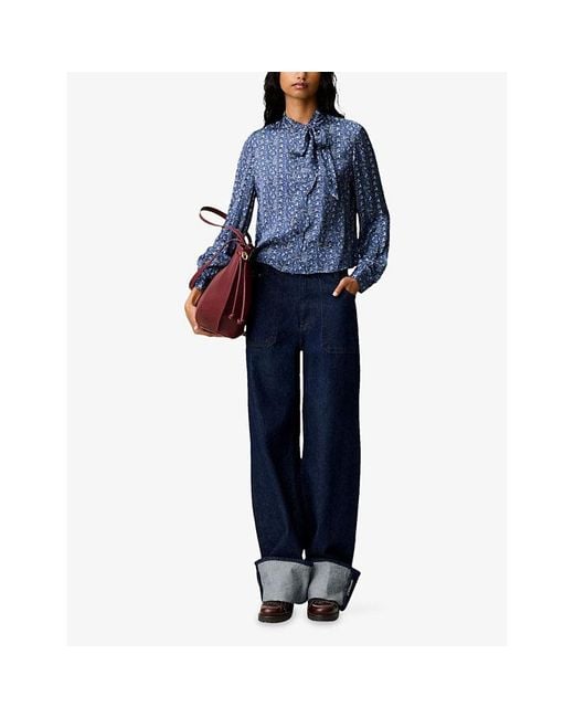 Claudie Pierlot Blue Paisley-Print Pussybow-Neck Woven Shirt