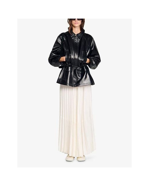 Sandro Black Side-Pocket Elasticated-Waist Leather Jacket