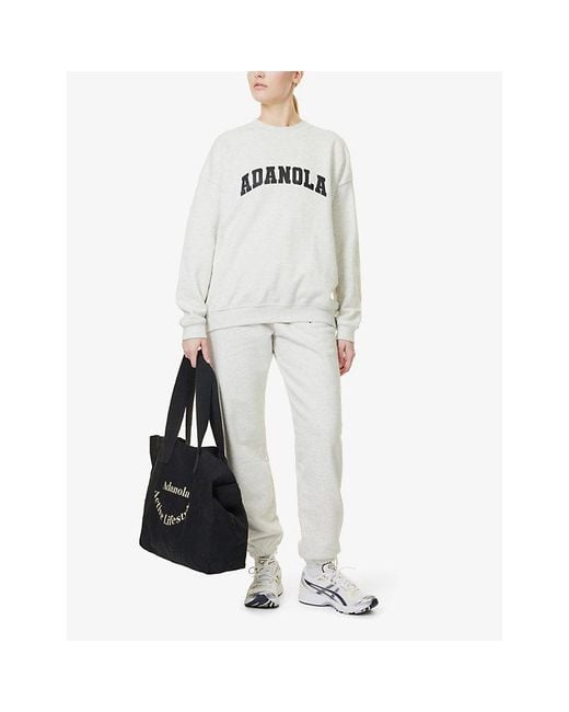 ADANOLA White Varsity Oversized Crewneck Cotton Fleece Sweatshirt