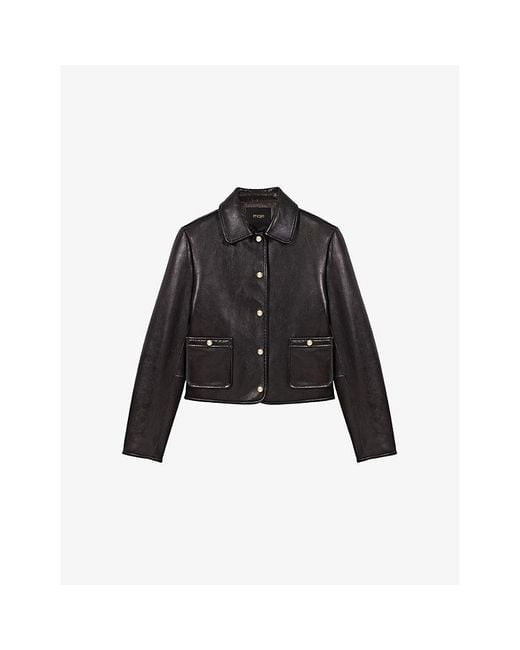 Maje Black Cropped Side-Pocket Leather Jacket