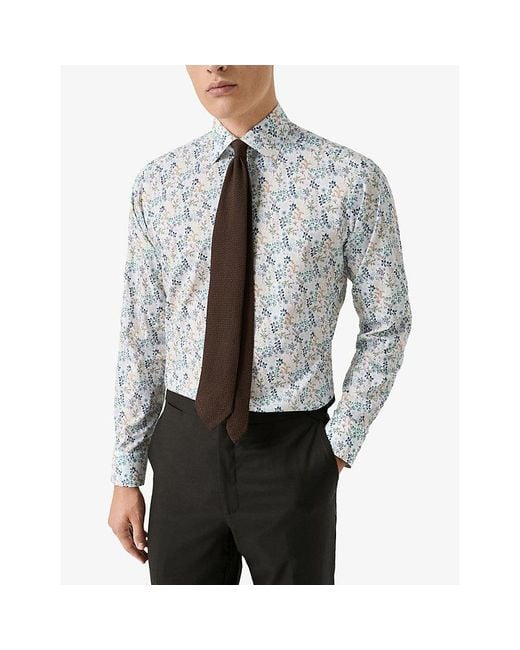 Eton of Sweden Blue Floral-Print Contemporary-Fit Cotton-Twill Shirt for men