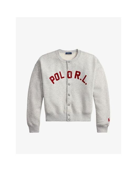 Polo Ralph Lauren Gray Round-Neck Logo-Embroidered Cotton-Jersey Cardigan
