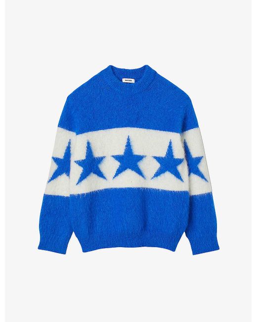 Sandro Blue Contrasting-stripe Star-motif Stretch-knit Jumper